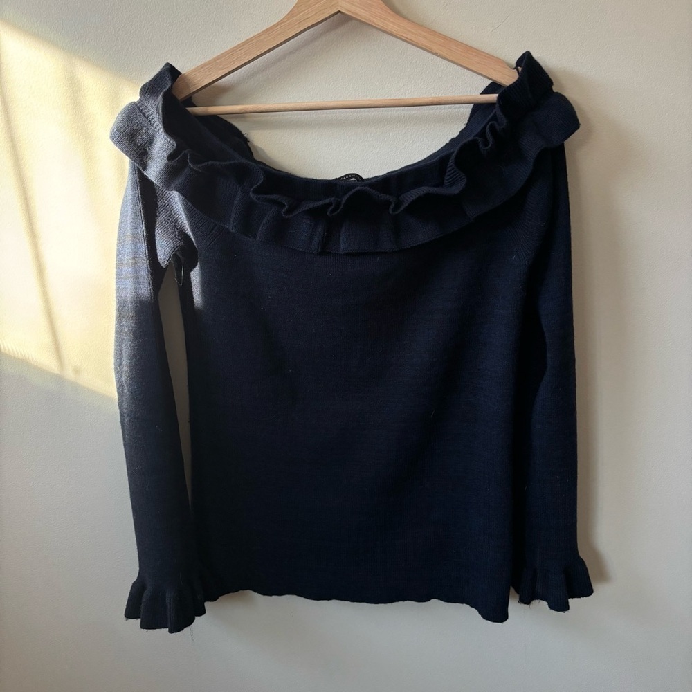 White House Black Market Navy Off-the-Shoulder Ruffle Sweater